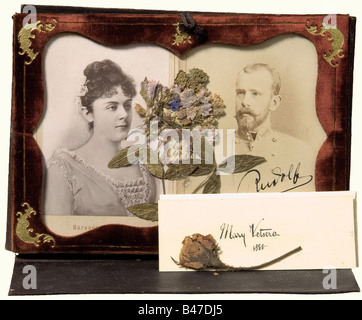 Archduke Rudolf, Mary Vetsera - photographs, with original autograph of the crown prince and a card with the autograph of his mistress. Gold-stamped leather case, inside gold-embossed velvet frame decorated with pressed blossoms. 25 x 18 cm. people, 19th century, Imperial, Austria, Austrian, Danube Monarchy, Empire, object, objects, stills, clipping, clippings, cut out, cut-out, cut-outs, man, men, male, Stock Photo