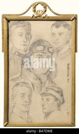 Manfred Baron von Richthofen - a field post card, with pencil portraits of von Richthofen as well as of Wolff, Krefft, Bockelmann, and Meyer from his Jasta 11. On the reverse side, there are 16 signatures in pencil of the members of the squadron, including: Scheffer, Müller, Niederhoff, von Schönebeck, Mohnike, Groos, Krefft, Bockelmann, Baron Lothar von Richthofen, Stapenhorst and Brauneck. (There is also one unknown). Dated, 'July 1917' on the upper edge. Under glass and in a gilded frame with a small oak leaf wreath on top. Extremely rare collection of autog, Stock Photo