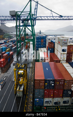 Cranes load and unload containers from cargo ships at the Panama Canal ...