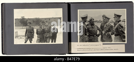 Max Wünsche - a photo album with 95 unique private photographs of his duty stations in the Second World War with numerous autographs., Pictures from the Charkow area 1943, Wünsche with Max Hansen and 'Panzermeyer', at a medal award ceremony, with Sepp Dietrich, Knight's Cross winner Theodor Wisch, Fritz Witt, Fritz Rentrop, Hans Reimling, Hermann Dahlke, Otto Petersen, Vincenz Kaiser, 'Tiger' battle tanks, column of amphibious vehicles in the snow, formation in front of tanks in winter camouflage. Greece 1941: Panzermeyer, with Sepp Dietrich and Field Marshal v, Stock Photo