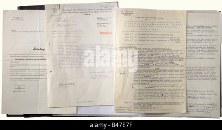 A collection of files, belonging to Colonel (ret.) Hermann Meese relating to a project for the public documentation of the fate of German POWs, kidnapped civilians, and internees during the period 1939 - 1956. Work plan, material organization, and materials collected, including correspondence, circa 1956. Two file folders with some 280 pages. historic, historical, 1930s, 20th century, document, documents, object, objects, stills, clipping, clippings, cut out, cut-out, cut-outs, Stock Photo