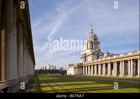 Old Royal Naval College with Docklands in background Greenwich SE10 London United Kingdom Stock Photo