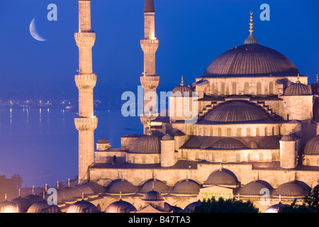 Crescent moon over Sultan Ahmed Mosque Blue Mosque Turkey Istanbul ...