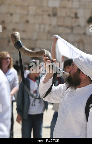 Israel Jerusalem Wailing Wall Blowing a shofar Stock Photo