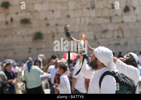 Israel Jerusalem Wailing Wall Blowing a shofar Stock Photo