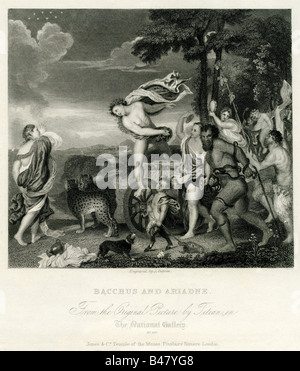 Dionysus, Greek god of wine, with Ariadne, engraving by J. Outrim, 19th century, after painting by Tiziano Vecellio (circa 1480 - 1576), full length, Artist's Copyright has not to be cleared Stock Photo