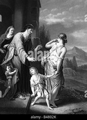 Abraham, son of Terah, forefather of Hebrews, second expulsion from Hagar, steel engraving by William French after painting by Adrian van der Werdd, Artist's Copyright has not to be cleared Stock Photo