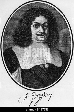 Gryphius, Andreas, 2.10.1616 - 16.7.1664, German author/writer, portrait, engraving by Kilian, 17th century, Andreas Greif, lyric poet, dramatist, literature, Germany, signature, , Stock Photo