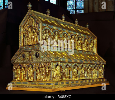 Magi, biblical figures, Shrine of the Three Kings, circa 1181 - 1220, Nicholas of Verdun, face and Solomon side, Cologne Cathedral, Stock Photo