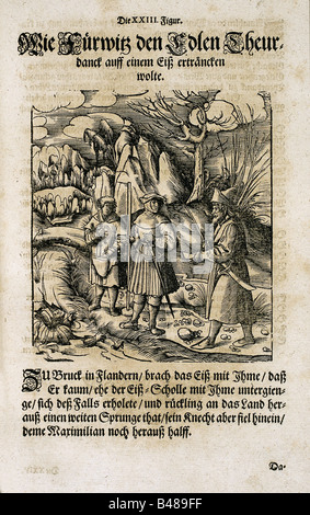 literature, 'Theuerdank', by emperor Maximilian I, edited by Melchior Pfitzing, 1517, woodcut, illustration, scene, reprint, courtly poetry, knight errant, medieval chivalric romance literature, novel, middle ages, mediaeval, writing, text, Tewrdanckh, Teuerdank, , Stock Photo