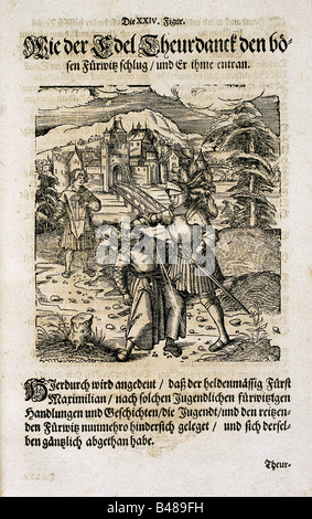 literature, 'Theuerdank', by emperor Maximilian I, edited by Melchior Pfitzing, 1517, woodcut, illustration, scene, reprint, courtly poetry, knight errant, medieval chivalric romance literature, novel, middle ages, mediaeval, writing, text, Tewrdanckh, Teuerdank, , Stock Photo