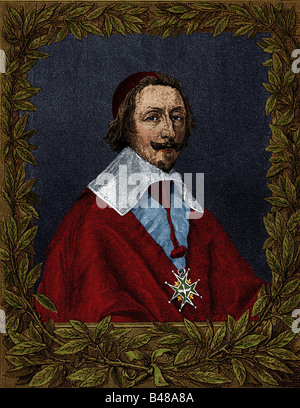 Richelieu, Armand Jean du Plessis, cardinal and duke of, 9.9.1585 - 4.12.1642, French clergyman, portrait, engraving after painting by Philippe de Champaigne (1602 - 1674), coloured, Stock Photo