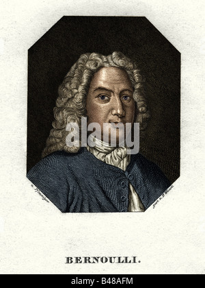 Bernoulli, Daniel 8.2.1700 - 7.3.1782, Swiss mathematician and physicist, steel engraving by P. Wuest, circa 1840, after painting by Pfenniger, coloured, Artist's Copyright has not to be cleared Stock Photo