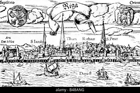 geography / travel, Latvia, Riga, city views / cityscapes, woodcut, circa 1540, historic, historical, Europe, 16th century, founded by german merchants under bishop Adalbert von Livland 1201, archibishopric since 1255, Teutonic Hanse, Hanse City 1282, Free Imperial Town 1561, to Poland 1582, river, coat of arms, city hall, church Saint Jacob & Saint Peter, mole, riverside, ships, traffic, navigation, trade, Baltic Sea, seaport, port, harbour, Baltic Sea, people, Stock Photo