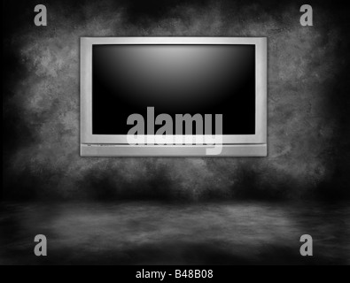 Silver Plasma Television Hanging on an Interior Wall in a Darkened Room Stock Photo