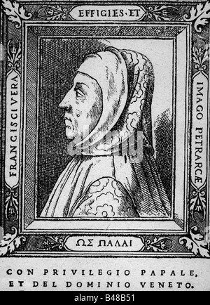 Petrarch, ( Petrarca, Francesco ), 20.7.1304 - 19.7.1374, Italian humanist, author, poet, scholar, portrait, profile, woodcut, cover of his work, Italian literature  Italy, , Stock Photo