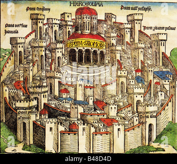 geography / travel, Palestine, Jerusalem, city views / cityscapes, coloured woodcut by Michael Wohlgemut or Wilhelm Pleydenwurff, world chronicle of Hartmann Schedel, Nuremberg, 1493, Artist's Copyright has not to be cleared Stock Photo