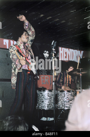 Hendrix, James,'Jimi', 27.11.1942 - 18.9.1970, US Musician, with Noel Redding, Mitch Mitchel, band, 'The Jimi Hendrix Experience', during concert, Big Apple Club, Munich, 9.11.1966, , Stock Photo