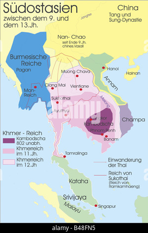 carthography, historical maps, modern times, South East Asia, middle ages, South East Asia, 9th - 13th century, Burma, Thailand, Cambodia, Vietnam, Annam, Malaysia, Laos, Singapore, Tongking, Siam, China, Asia, Indo China, map, history, historic, Nan Chao, Tang and Sung Dynasty, medieval, Stock Photo