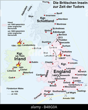 cartography, historical maps, modern times, British Islands at time of Tudors 1485 - 1603, Stock Photo
