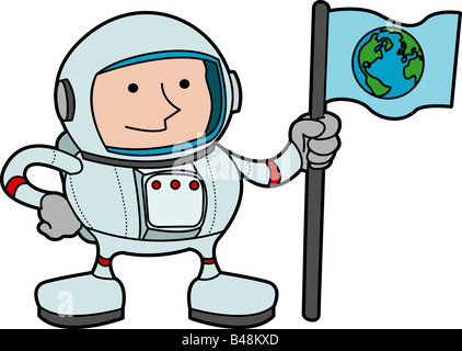 Illustration of astronaut in space gear holding flag with earth on it Stock Photo