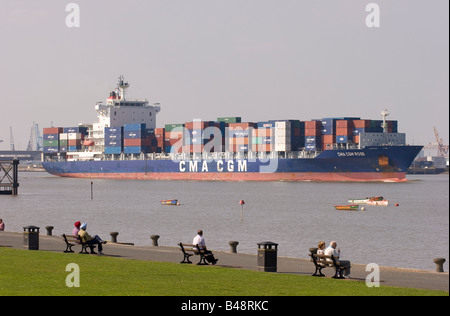 CMA CGM Rose Monrovia container ship sailing down the Thames Estuary at Gravesend Stock Photo