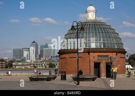 foot tunnel entrance canary wharf london docklands across the river thames from greenwich pier Stock Photo