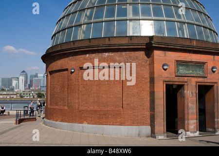 foot tunnel entrance canary wharf london docklands across the river thames from greenwich pier Stock Photo