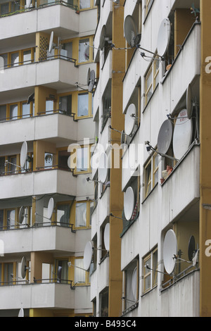 Satellite dishes on a block of flats, Berlin, Germany Stock Photo