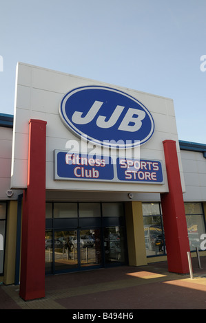 Shop frontage for sports retailer JJB sports at the Nene Valley Retail Park, Northampton. Portrait. Stock Photo