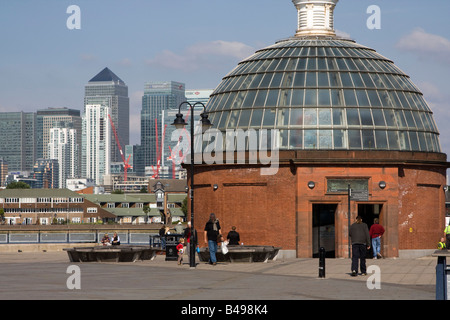 foot tunnel entrance canary wharf london docklands across the river thames from greenwich pier Stock Photo