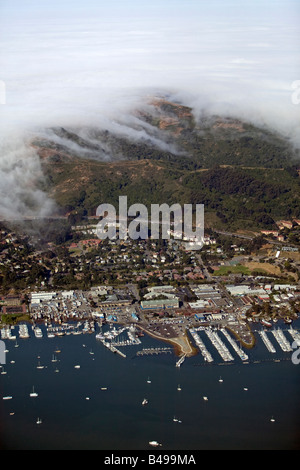 aerial above fog rolling over Sausalito California Stock Photo
