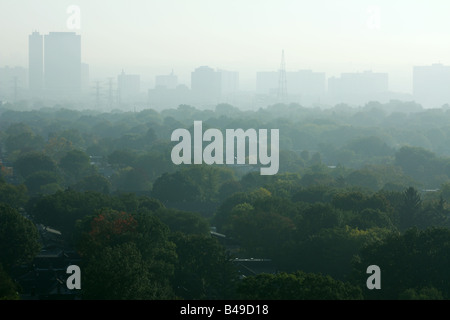 Morning Foggy smog covering residential and wooded areas in Toronto Canada Stock Photo