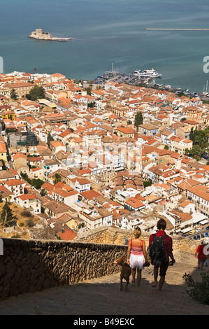 Looking down on the old town of Nafplio from the steps  leading up to the Palamidihi fortress Argolid Peloponnese Greece Stock Photo