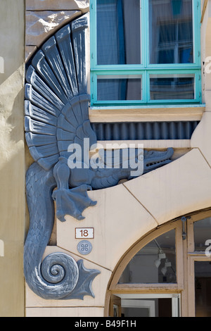 Detail of Art Nouveau Dragon Gallery building (1910) in Tallinn, Estonia.  Architect - Jacques Rosenbaum. Stock Photo