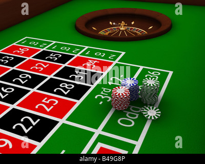 Casino Roulette Wheel With Casino Chips On Green Table. Gambling  Background. 3d Illustration Stock Photo, Picture and Royalty Free Image.  Image 80169656.