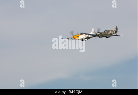 Mustang P-51D and Supermarine Spitfire Mk XI in close formation Stock Photo