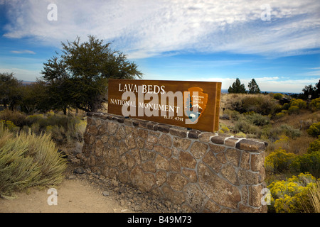 National Park Service sign for Lava Beds National Monument, at the vistior's center, California Stock Photo