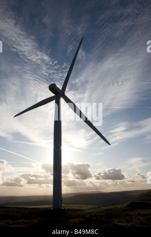 Scout Moor wind turbines, Lancashire, UK. Holcombe Moor, Peel Tower and Winter Hill beyond. Stock Photo