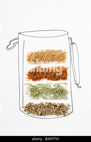 Assorted spices on drawing of canister Stock Photo