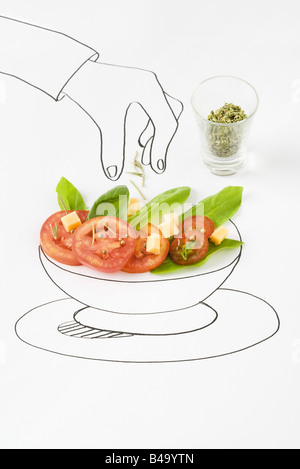 Drawing of hand sprinkling seasonings on salad Stock Photo