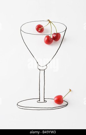 Cherries on drawing of stemmed glass Stock Photo
