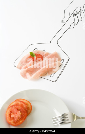 Prosciutto and tomato on drawing of spatula Stock Photo
