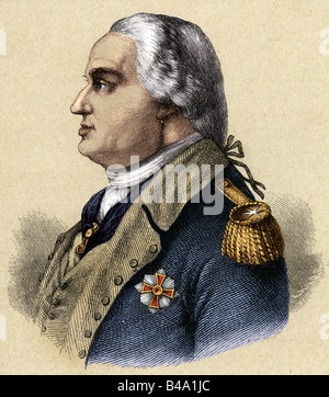 Steuben, Friedrich Wilhelm von, 17.9.1730 - 28.11.1794, American General of German birth, portrait, side view, engraving, 19th century, later coloured, Stock Photo
