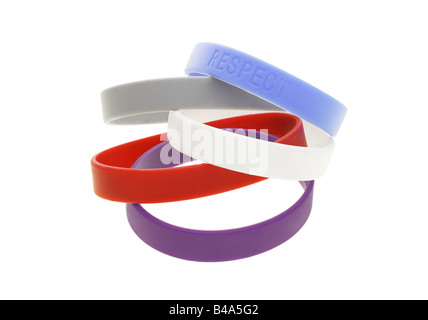 A stack of color wrist bands on white background Stock Photo