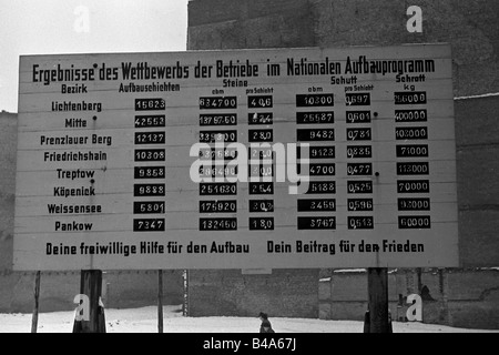 events, post war era, reconstruction, board, results of the competition of companies on the national construction programm, Berlin, Soviet Sector, early 1950s, , Stock Photo