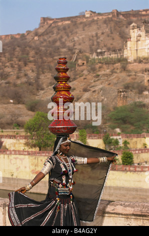 India, Jaipur, Amber Fort, Rajasthani Dancing Stock Photo