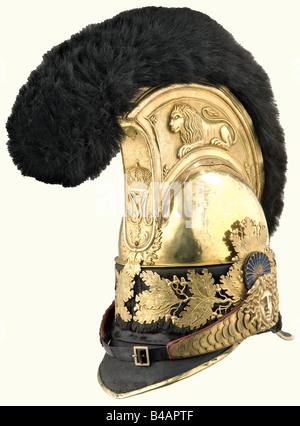 An officer's helmet, 1814 - 1825, Bavaria, Garde du Corps Regiment Fire-gilded brass skull and finely shaped comb with a recumbent lion. Band and brim are covered with sealskin and gilded oak leaves. Silver-plated cockade. Original bearskin chenille, leather lining. Chin straps on Medusa heads. The backing for the metal chinstrap was replaced for the centennial celebration in 1914. The owner's name 'Spengel' (Knight of the Military Max-Joseph Order) scratched into the front brim. In 1823, there were only 22 officers in the regiment. As the regiment had only bee, Stock Photo