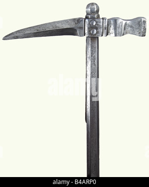 A German or Polish horseman's war hammer, circa 1600. The head has a slightly curved quadrangular beak with a square hammer head on the back. Hollow forged hexagonal shaft with a (replacement?) belt hook riveted to one side. Grip has two hexagonal disk guards. The grip cover with new iron wire winding and braided ferrules. Hexagonal pommel with hole for a lanyard. Length 51 cm. historic, historical, 17th century, axe, ax, axes, ax, tool, tools, military, militaria, fighting device, object, objects, stills, battle ax, battle axe, poleaxe, battle axes, battle axe, Stock Photo