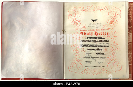 Adolf Hitler - a ceremonial document from the Wanderer Factory, for the presentation of the first silent typewriter 'Continental-Silenta No. 1' to 'The Leader of the German People, Reichs Chancellor Adolf Hitler. Schönau-Chemnitz, May 1934'(transl.). Folio. Parchment with calligraphic text, signed by the general director and chief engineer. On the following sheets there is a description of the history of the typewriter with special attention paid to German contributions in general, and to those of the Wanderer factory in particular. In a beautiful, gold-stamped, Stock Photo
